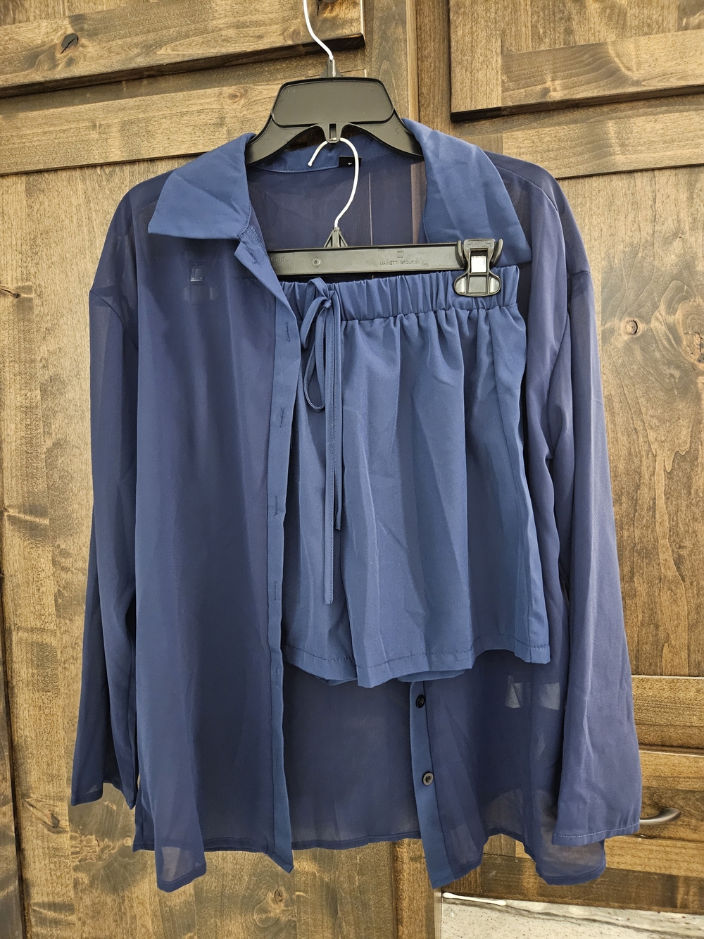 Navy Sheer Button-Up Shirt with Matching Navy Shorts